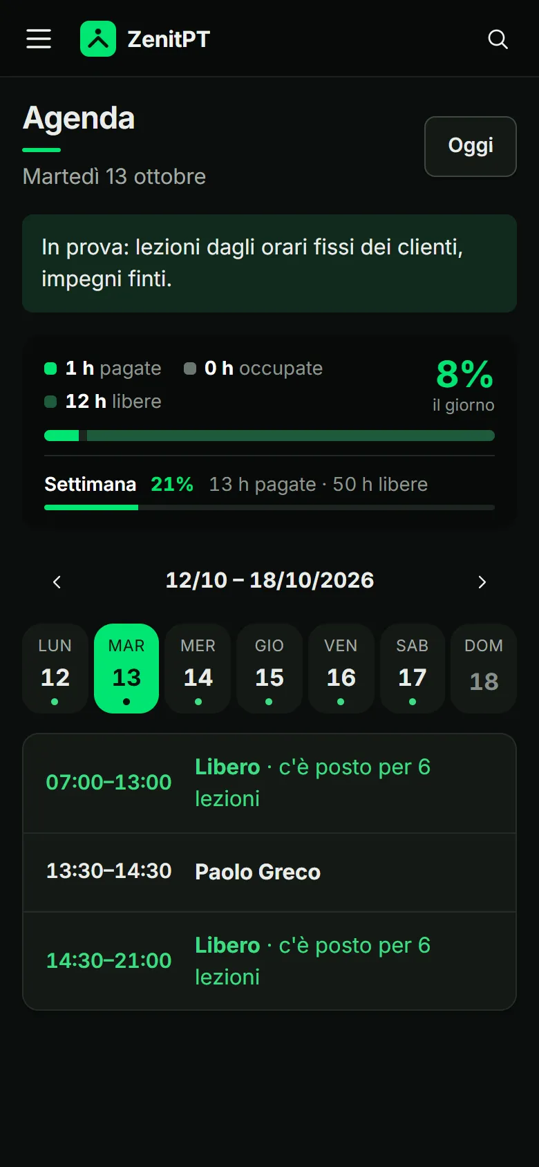 App ZenitPT, Agenda: ore pagate, occupate e libere del giorno e della settimana, e le lezioni del giorno