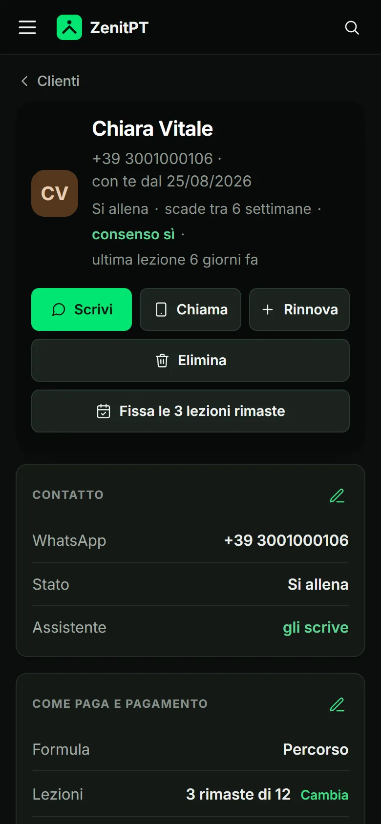 App ZenitPT, scheda di una cliente: consenso, lezioni rimaste, tasti Scrivi, Chiama, Rinnova e Fissa le lezioni